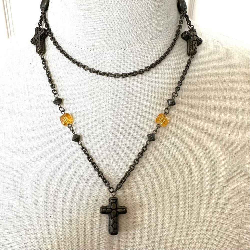 Long cross beaded  pendant necklace